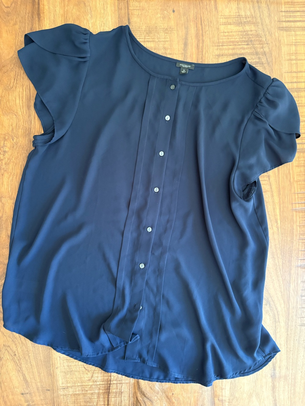 Ann Taylor Factory Navy Ruffle Sleeve Button-Down Blouse - Picture 3 of 5